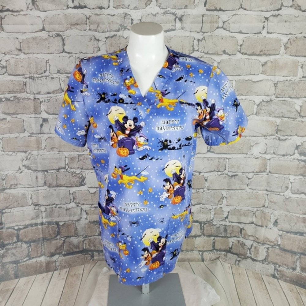 Disney Halloween Scrub Medical Top VNeck Pockets Blue Size Small
